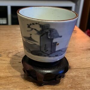 Antique Hand Painted Blue White China Sake Cup Japan With Wooden Stand VGUC